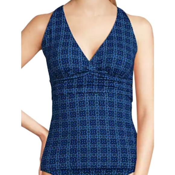 Lands End V-Neck Plunge X Back Tankini Top Navy Blue Print Womens XL
